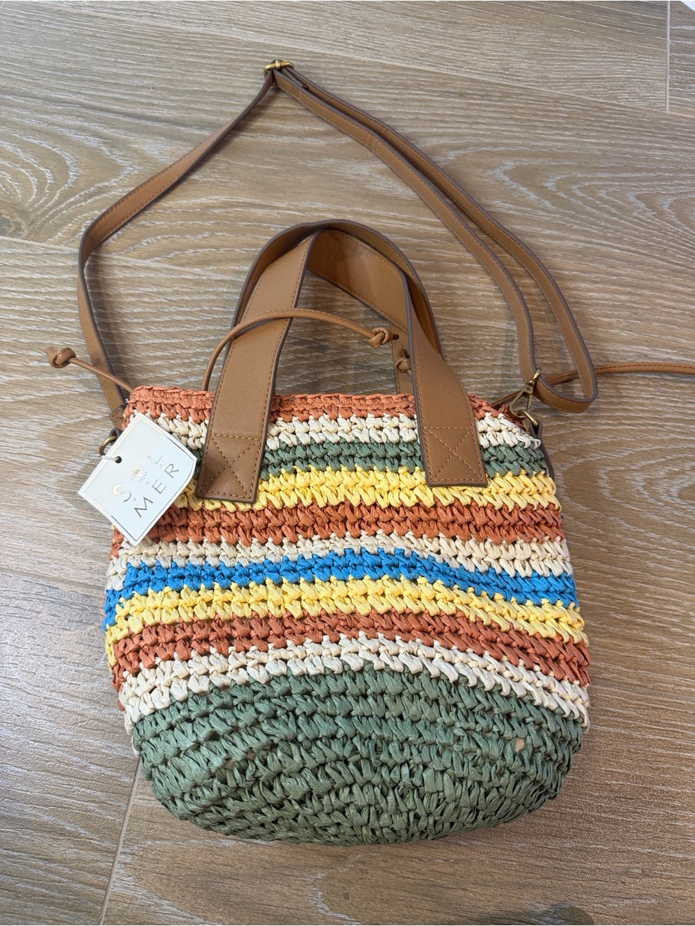 SOL and MER NWT Woven Raffia Satchel Crossbody Bag Multicolor NWT